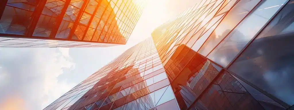 a futuristic building scene showcases an innovative architectural design with a sleek, angular roof and a dynamic façade, illuminated by warm sunlight, emphasising sustainability and advanced analytics in construction.