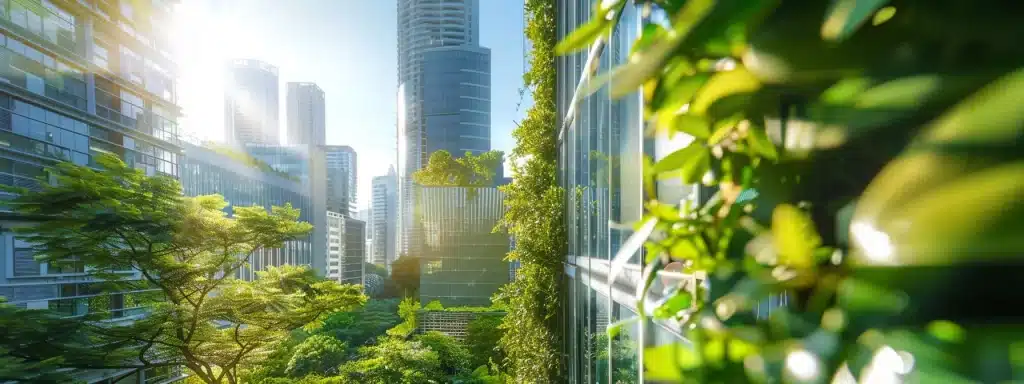 a futuristic cityscape featuring innovative buildings incorporating 3d printing and advanced energy solutions, bathed in natural light and surrounded by lush greenery that highlights sustainable construction practices.