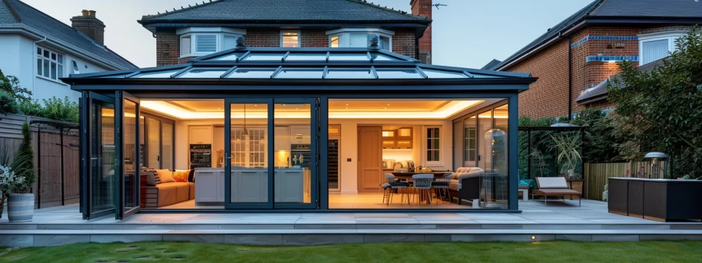 a modern, stylish conservatory set against an urban backdrop, showcasing its contemporary glass structure and heated features, with subtle indicators of planning permission considerations such as boundary markers and height restrictions.