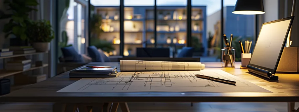 a modern urban office environment showcases a sleek architect’s desk with blueprints of a loft extension, accompanied by a laptop displaying planning regulations, under bright artificial lighting that emphasises the details and professionalism of the planning process.