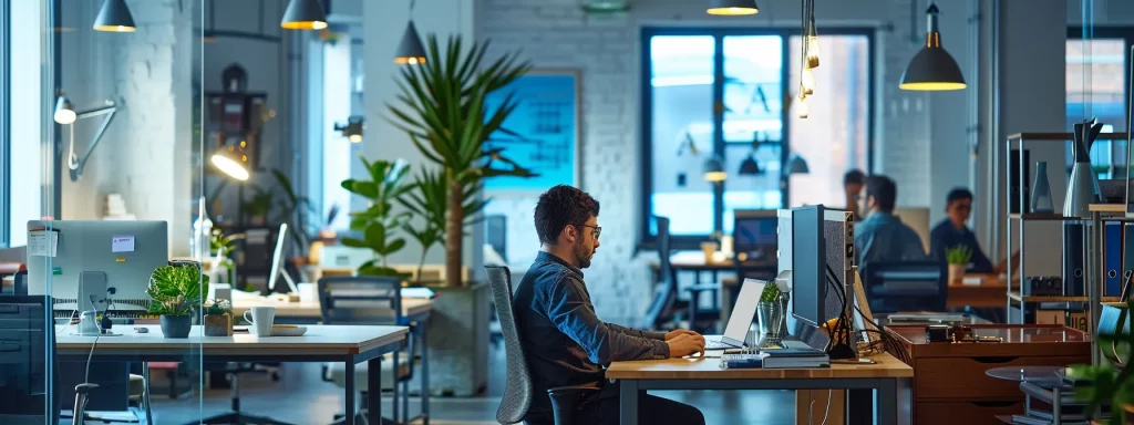 a sleek, modern office bathed in warm, ambient lighting showcases an elegantly arranged workspace with cutting-edge technology and refined furnishings, emphasising professionalism and innovation.