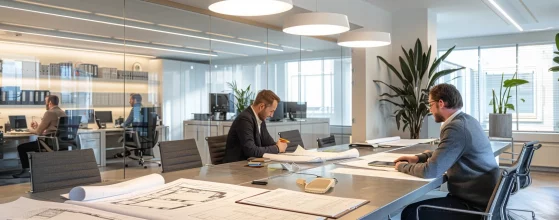 a sleek, modern office workspace features a professional reviewing architectural plans for a loft extension, with detailed blueprints spread across a stylish conference table under bright overhead lighting.