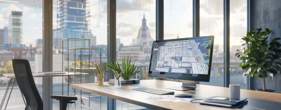 an architecturally modern office space features a sleek desk with architectural plans and a computer displaying building regulations, set against a backdrop of glass walls revealing a bustling cityscape, encapsulating the theme of planning permission for a conservatory.