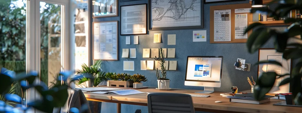 a modern, well-organised home office adorned with renovation blueprints and mood boards prominently displayed, showcasing a clear vision for collaboration with renovation specialists amidst a backdrop of sleek design elements and tools.