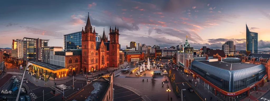 a panoramic view of cardiff’s architectural skyline, showcasing a rich tapestry of gothic revival, victorian, and contemporary buildings, all set against a vibrant urban backdrop under dramatic evening lighting.