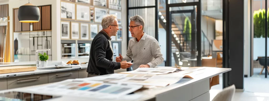 a professional renovation specialist discusses project details with a homeowner in a modern, well-lit kitchen, surrounded by colour samples and design plans that highlight the excitement of home improvement possibilities.
