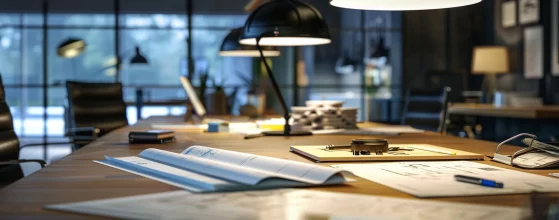 a sophisticated architectural office featuring a sleek conference table with detailed blueprints and 3d models, illuminated by stylish pendant lighting, embodying the decision-making process between hiring an architect or builder.