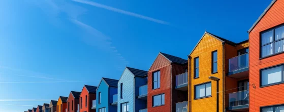 a striking urban scene showcasing a row of sleek, modern new build houses in cardiff, with contemporary architectural lines and vibrant exteriors, set against a clear blue sky that emphasises their innovative design.