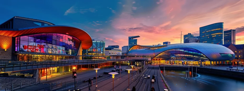 a striking urban skyline of cardiff, showcasing innovative architectural designs and sustainable structures, lit by the soft glow of evening lights against a backdrop of a vibrant city atmosphere.