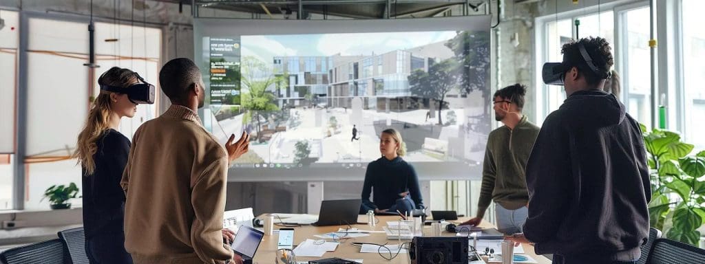 a dynamic office environment showcases a diverse team engaged in a virtual reality collaboration session with a local architect, featuring sleek technology and immersive digital designs projected on screens.