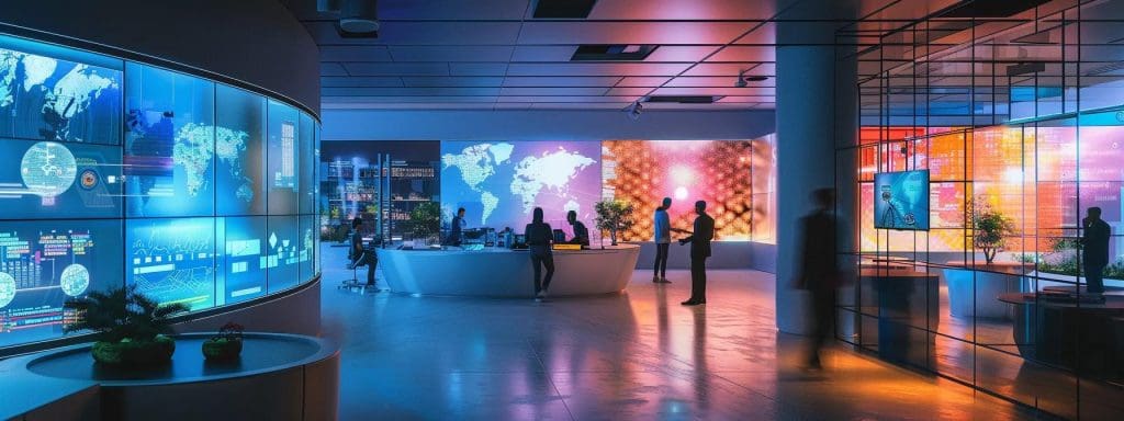 a dynamic office space showcasing a virtual reality demonstration, where architects interact with immersive digital models of local buildings, illuminated by vibrant screens and futuristic design elements.