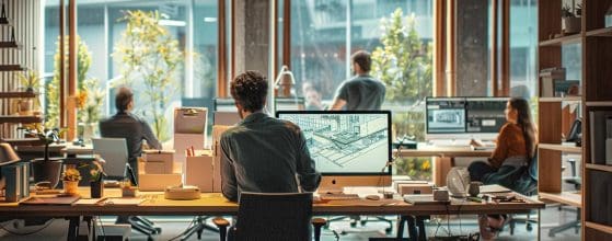 a dynamic urban office environment in cardiff showcases an architect engaging in a collaborative design meeting, surrounded by blueprints and digital models, illuminated by sleek overhead lighting.