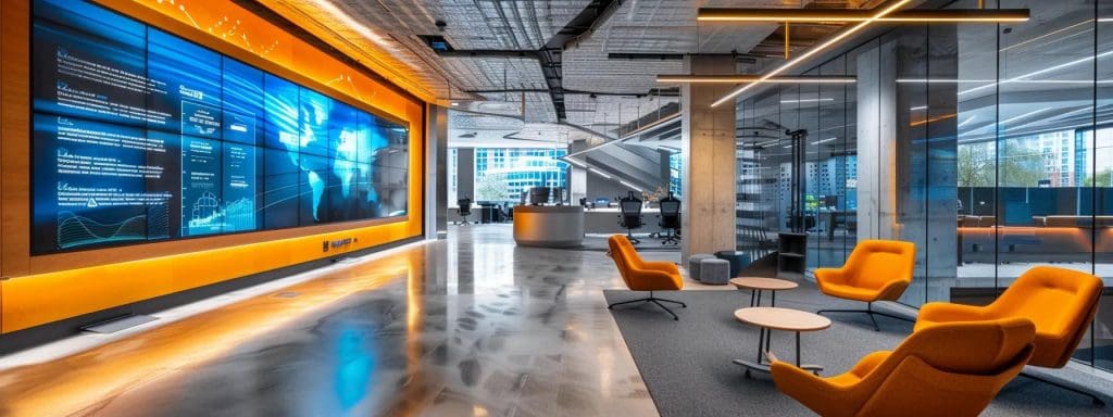 a futuristic architectural office in cardiff, featuring vivid digital screens displaying ai analytics and vr simulations, with sleek, minimalist design elements and advanced smart systems seamlessly integrated into the workspace.