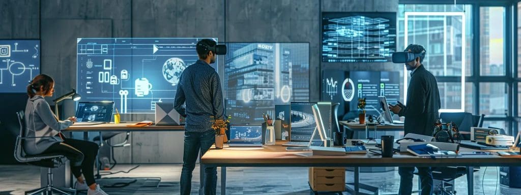 a futuristic urban office environment showcases architects engaged in immersive virtual reality discussions, surrounded by sleek digital blueprints and architectural models that highlight the innovative integration of ai technology.