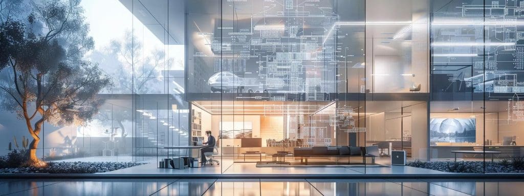 a modern architectural office bathed in soft artificial light, showcasing an architect immersed in a dynamic virtual reality landscape, surrounded by digital blueprints and ai design interfaces that vividly illustrate the innovative integration of technology in contemporary design practices.