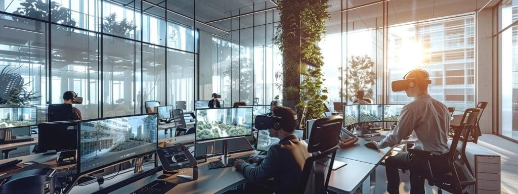 a modern architectural office bustling with activity, featuring architects engaged in a virtual reality session, immersed in lifelike 3d models of their designs displayed on sleek screens, showcasing the innovative integration of ai and vr to enhance project efficiency and client satisfaction.