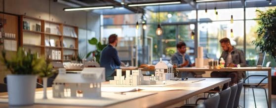 a modern, sleek office interior in cardiff, featuring architects discussing blueprints and architectural models, illuminated by bright, focused lighting that highlights their collaborative energy and professional ambition.