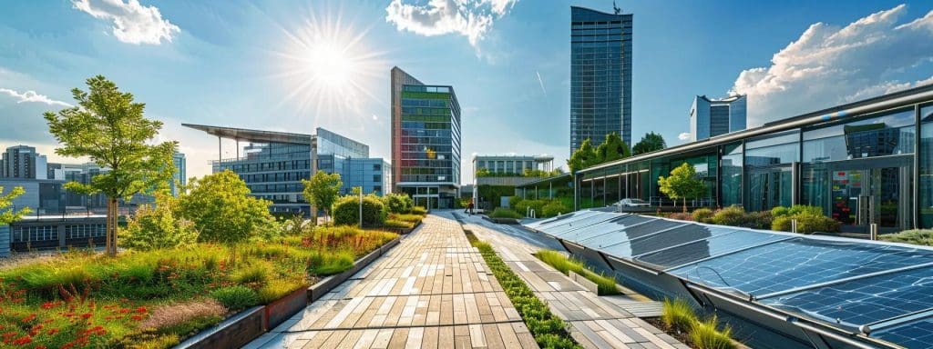 a modern urban landscape in cardiff showcases innovative green buildings featuring solar panels, green roofs, and eco-friendly retrofits, highlighting the city’s commitment to sustainability and energy efficiency in architecture.