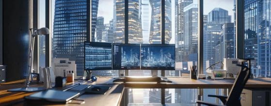 a sleek, modern architectural office filled with high-tech design models and immersive virtual reality stations, showcasing the innovative integration of ai in contemporary building design.