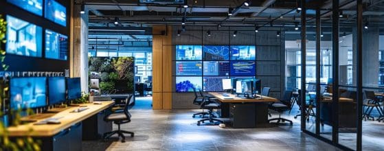 a sleek, modern architectural office, alive with digital displays showcasing ai designs and immersive vr environments, highlighting the innovative fusion of technology and local architectural services.