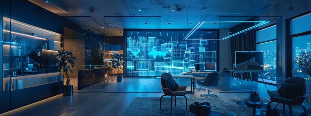 a sleek, modern architectural office space showcases advanced vr technology in action, with architects immersed in virtual blueprints displayed around them, illuminated by dynamic artificial lighting that highlights the innovative design elements.