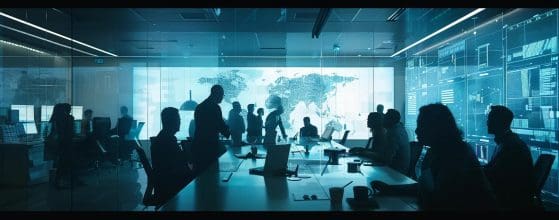 a sleek, modern office boardroom is filled with diverse professionals engaged in an animated discussion, surrounded by architectural blueprints and digital displays showcasing the design and build procurement processes for uk construction projects.