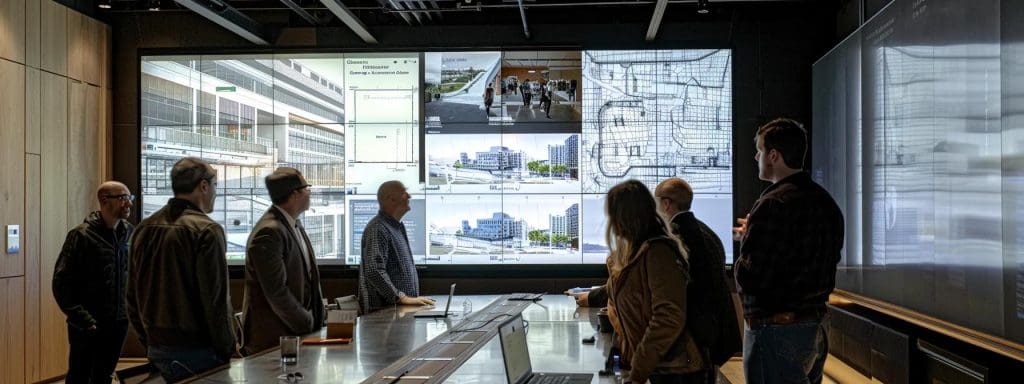 a sleek, modern office environment features a collaborative team gathered around a polished conference table, intently discussing blueprints and architectural designs projected on a large screen, embodying the balance of creativity and practicality in design and build procurement.