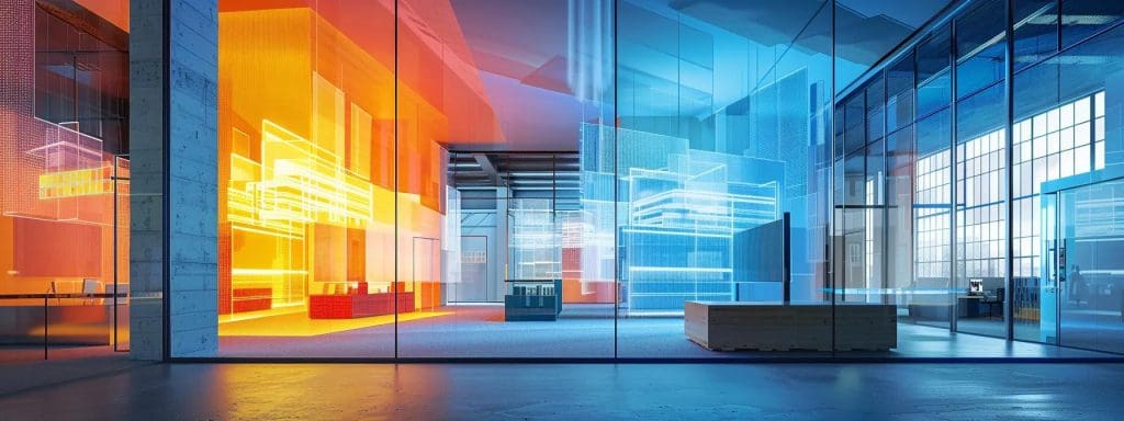 a sleek modern office space showcases architects and ai technology collaborating on a digital design, with vibrant projected 3d models of innovative buildings illuminating the room's minimalist décor.
