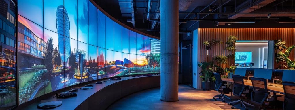 a sleek, modern office workspace showcases advanced architectural design tools, with a large, vibrant screen displaying a dynamic virtual reality model of a building, illuminated by focused, contemporary lighting to emphasise the intersection of ai and architecture.