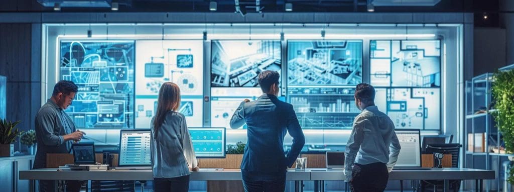 a sleek office environment in cardiff showcases technologists collaborating around advanced digital design tools, with interactive screens displaying innovative residential architecture plans, reflecting a modern blend of technology and personalised service.