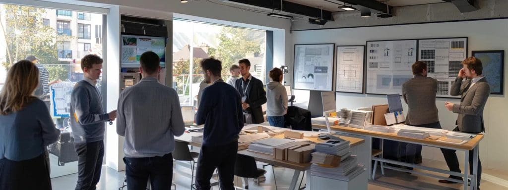 a modern construction office bustling with activity, featuring a diverse team of professionals collaborating around high-tech design tools and blueprints, symbolising the efficiency and innovation of design and build procurement in the uk construction industry.