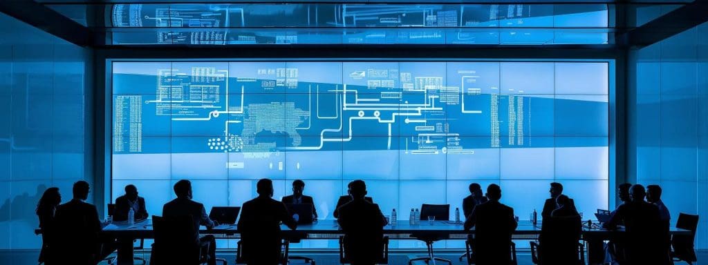 a sleek, modern office meeting room features a large digital screen displaying an intricate flowchart of the design and build procurement process, with business professionals engaged in animated discussion around a polished conference table.