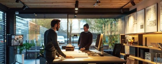 a modern office interior in cardiff, featuring a focused architect consulting with a client over detailed blueprints, illuminated by sleek overhead lighting that enhances the dynamic yet professional atmosphere.