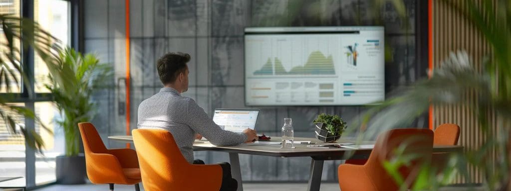 a sleek conference room in south wales featuring an architect at a modern table, consulting over a detailed construction document and a visually engaging contract outline on a digital screen, conveying professionalism and clarity in architectural services.
