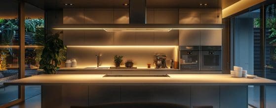 a sleek, modern kitchen with luxury appliances and elegant finishes, designed for a full home remodel, is illuminated by bright overhead lights, showcasing a meticulously planned budget spreadsheet on the polished countertop.