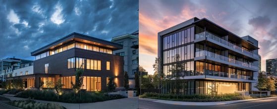 a visually striking split scene showcasing a modern residential home on one side, featuring sleek lines and warm lighting, contrasted with a vibrant, bustling commercial building on the other, illuminated against a twilight urban backdrop.