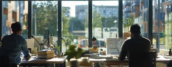 a modern architectural office bustling with designers collaborating over blueprints and digital models, set against the backdrop of newly developed suburban buildings in cardiff.