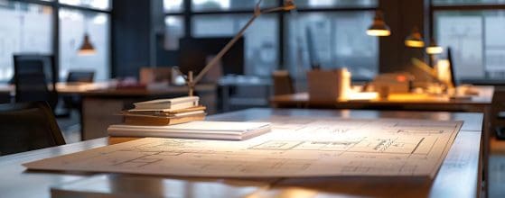 a modern, sleek office space showcases a detailed architectural blueprint on a large table, surrounded by digital design tools and samples, illustrating the comprehensive residential design process for cardiff homeowners.