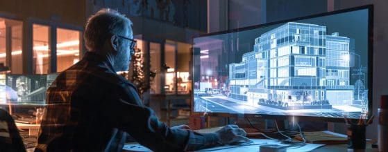 a sleek, modern office environment showcases an architect at a digital workstation, analysing detailed blueprints of a home renovation project juxtaposed with a vibrant 3d model of a contemporary new build, illuminated by soft, focused lighting.