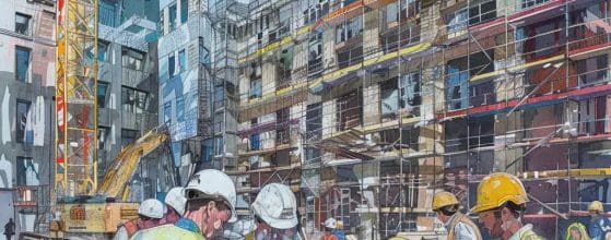 Commercial construction site in Cardiff with workers collaborating on plans