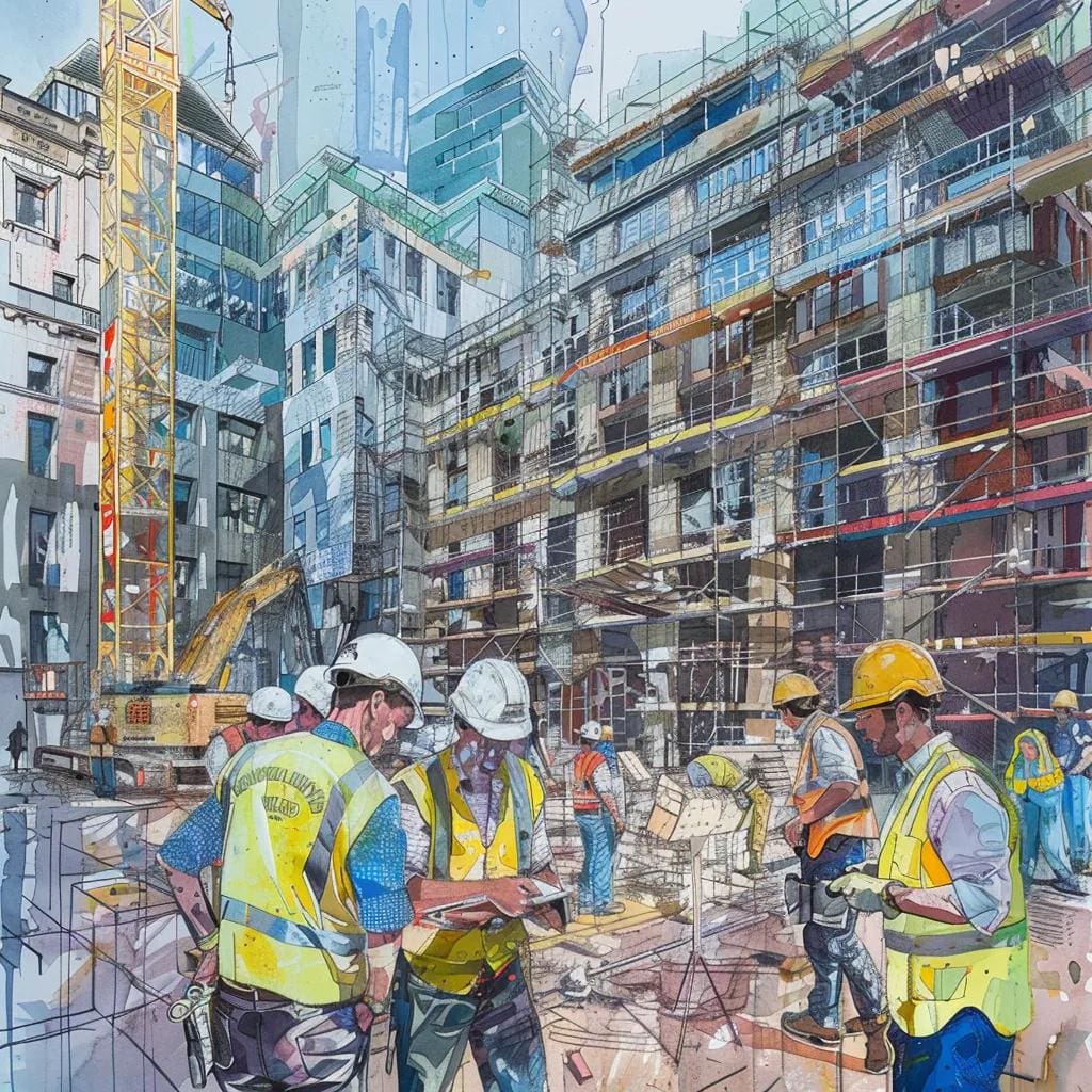 Commercial construction site in Cardiff with workers collaborating on plans