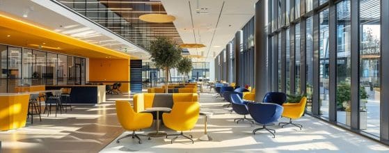 a dynamic office setting in cardiff's bustling business district showcases sleek, modern architecture and innovative interior design, reflecting the latest trends in commercial construction and design.