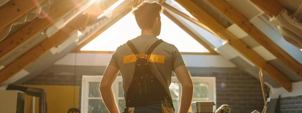a focused interior shot of a professional technician assessing a roof's condition, surrounded by essential home repair tools and materials, highlighting a seamless blend of expertise and modern equipment in a well-lit urban home environment.