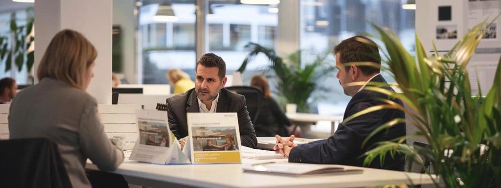a modern office environment featuring a professional agent engaged in a detailed discussion with clients about property management services, surrounded by sleek brochures and a digital display showcasing key offerings.