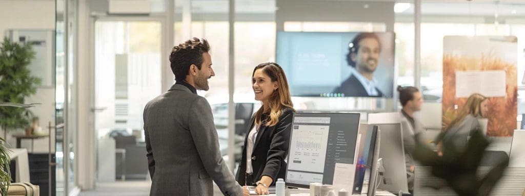 a modern office environment features a confident professional discussing innovative home solutions with a satisfied homeowner, showcasing advanced diagnostic tools and a clear display of customer testimonials on a sleek monitor, all under bright, focused lighting to emphasise trust and expertise.
