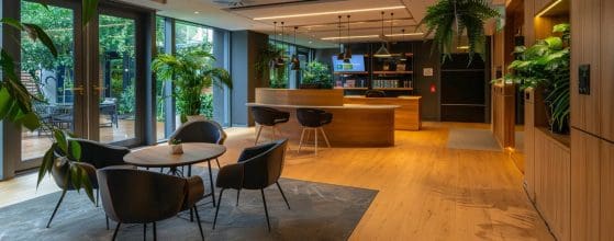 a sleek, modern office space in cardiff, featuring an inviting consultation area with contemporary furnishings, showcasing brochures and digital displays about comprehensive residential services tailored for homeowners.