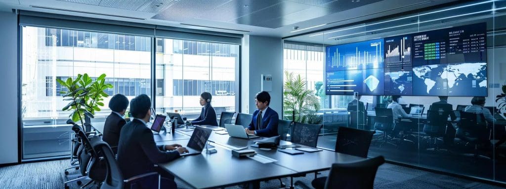 a sleek, modern office space with a project management dashboard displayed prominently on a large screen, showcasing timelines and budget details while a team collaborates around a polished conference table, exuding a sense of organisation and efficiency in renovation project management.
