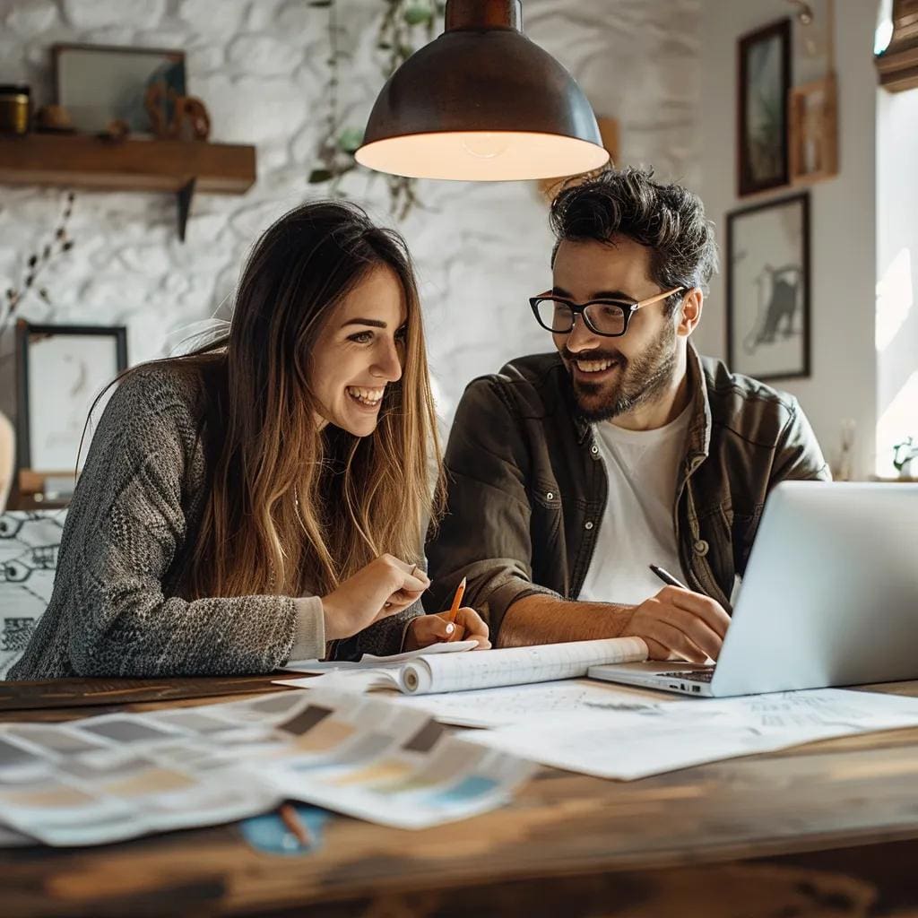 Young couple discussing renovation plans with materials on the table
