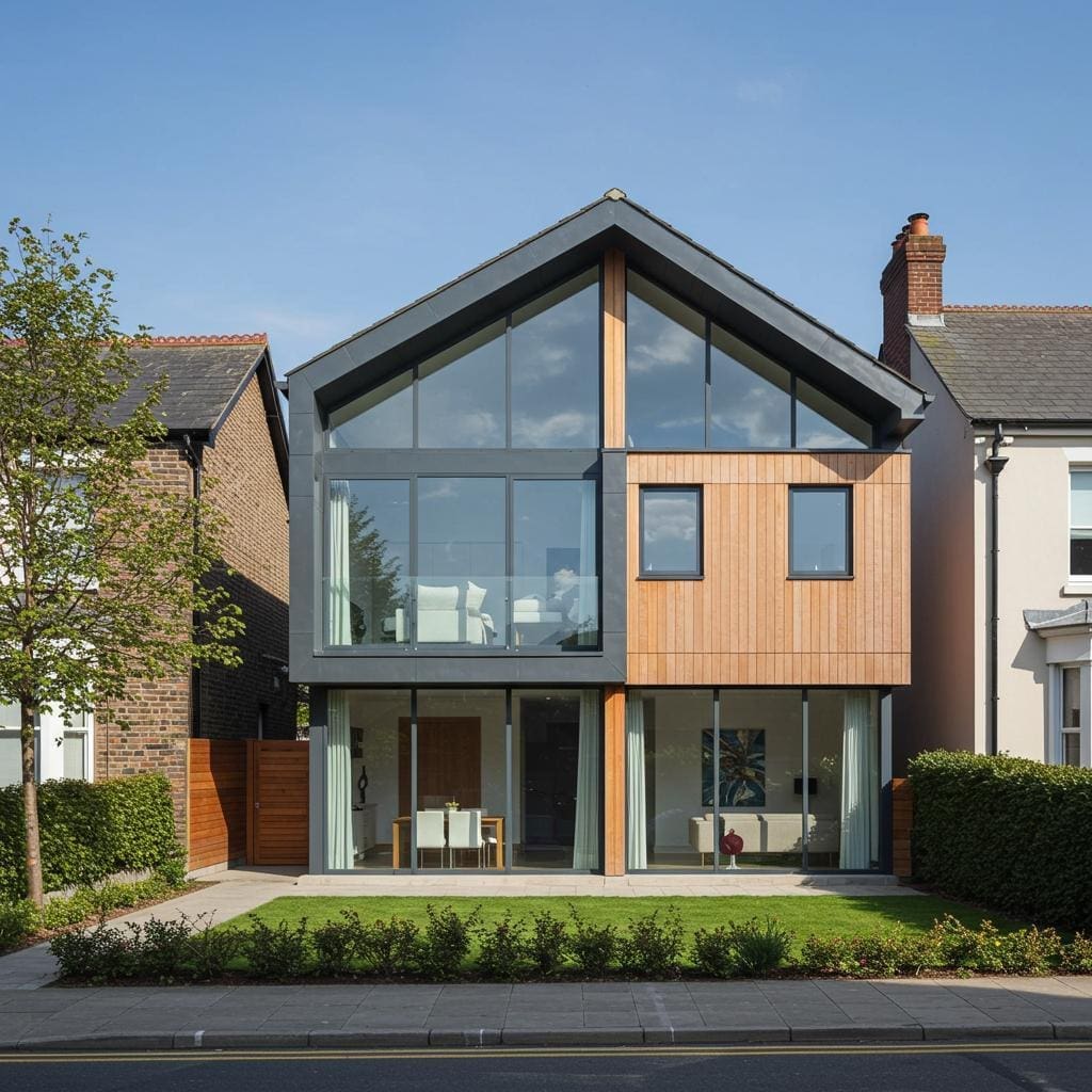 Contemporary residential architecture in Cardiff featuring a timber-clad infill home with large glass frontage and modern design by a local architecture firm