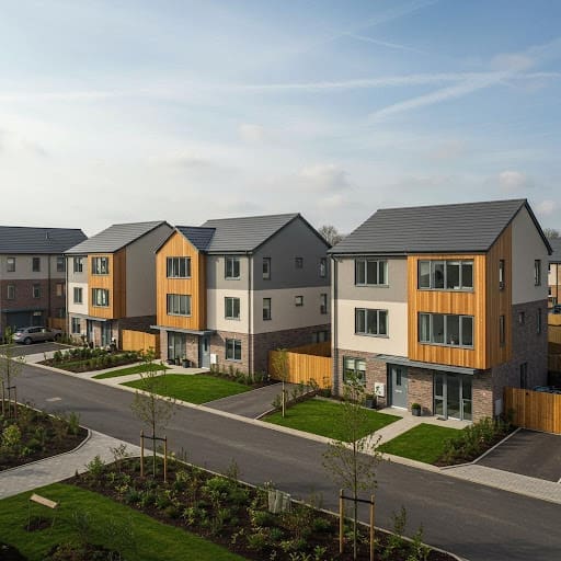 New residential development in Cardiff showcasing modern architectural design with a mix of brick and timber-clad homes, landscaped streets, and family-focused community planning.